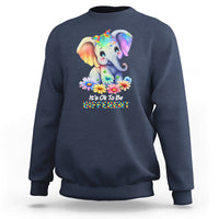 Navy autism awareness sweatshirt with rainbow elephant and flower graphic