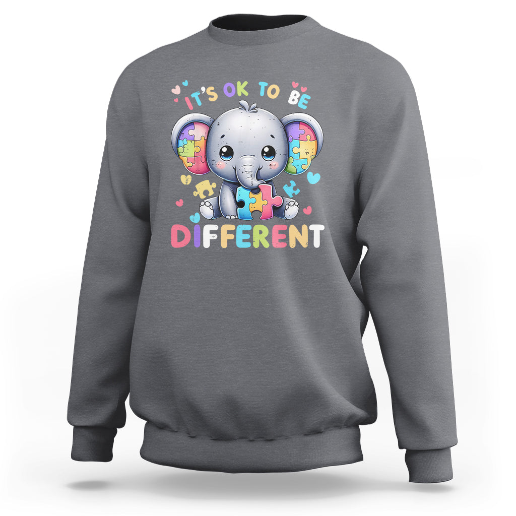 Dark heather gray autism awareness sweatshirt with cute elephant graphic and “Different” text