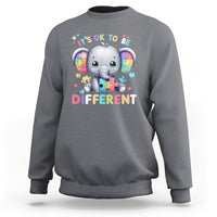 Dark heather gray autism awareness sweatshirt with cute elephant graphic and “Different” text