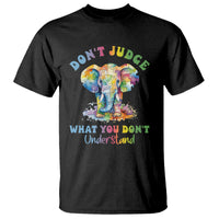 Black crew-neck T-shirt with colorful elephant graphic and 'Don't Judge' slogan