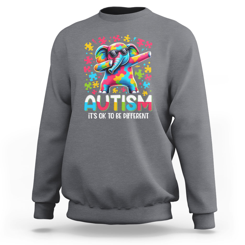 Gray sweatshirt with rainbow dabbing elephant autism awareness graphic on front