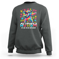 Charcoal gray sweatshirt with rainbow dabbing elephant autism awareness graphic on front
