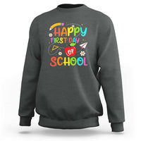 Dark heather gray crewneck sweatshirt with colorful “Happy First Day of School” graphic on chest