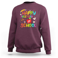 Maroon crewneck sweatshirt with colorful “Happy First Day of School” graphic on chest