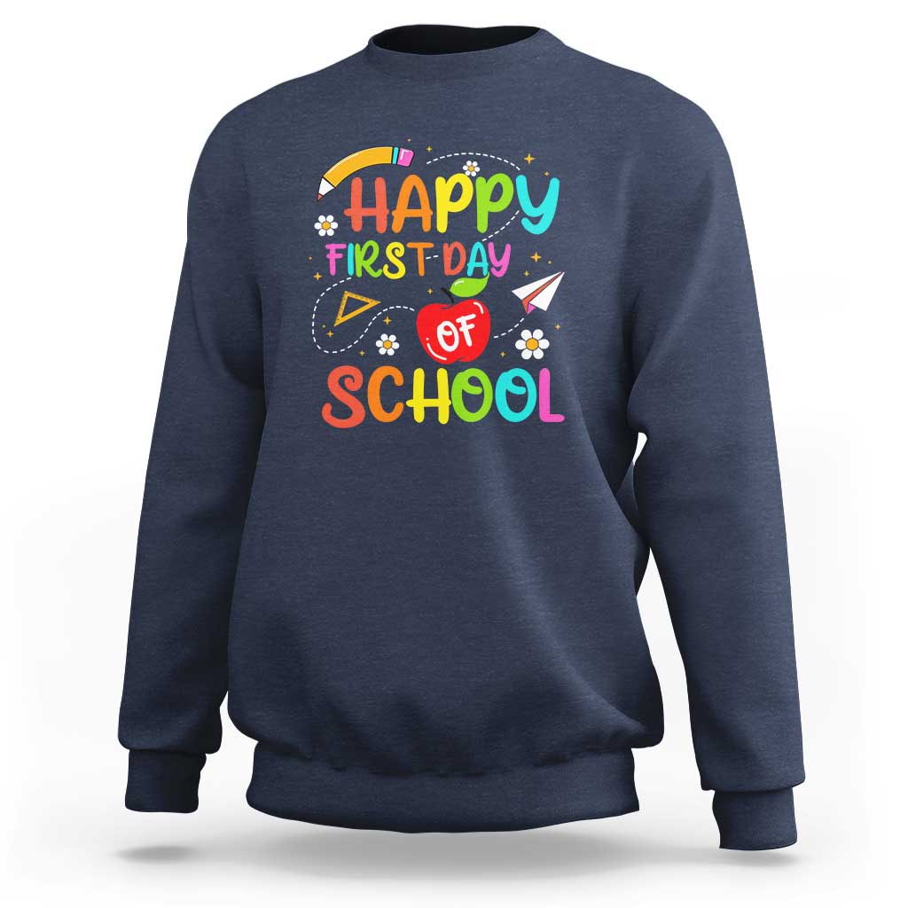 Navy crewneck sweatshirt with colorful “Happy First Day of School” graphic on chest