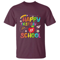 Maroon crewneck t-shirt with colorful "Happy First Day School" front graphic