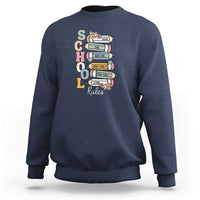 Navy teacher sweatshirt with colorful classroom rules graphic on back, crew neck.
