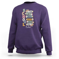 Purple teacher sweatshirt with colorful classroom rules graphic on back, crew neck.