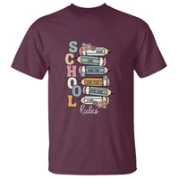 Maroon teacher T-shirt with colorful SCHOOL books graphic and Rules text