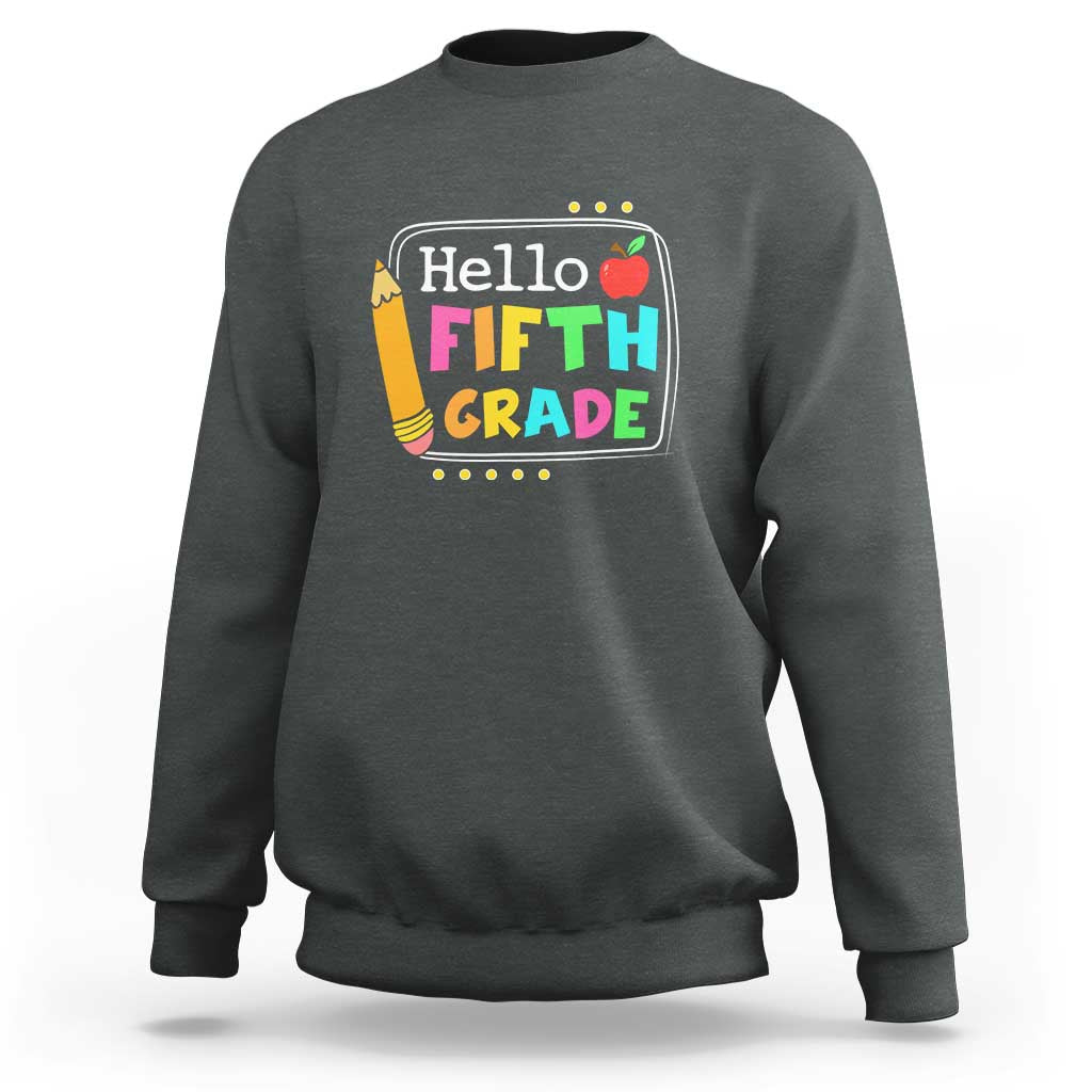 Kids crewneck sweatshirt, dark heather gray with “Hello Fifth Grade” apple graphic