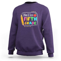 Kids crewneck sweatshirt, purple with “Hello Fifth Grade” apple graphic