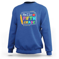Kids crewneck sweatshirt, royal blue with “Hello Fifth Grade” apple graphic