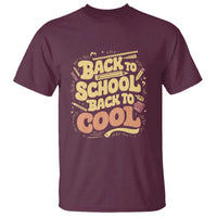 Maroon back-to-school graphic T-shirt with colorful "Back to Cool" design