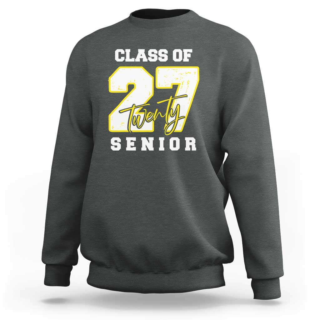 Dark heather gray crewneck senior sweatshirt with yellow “Twenty” graphic and “SENIOR”