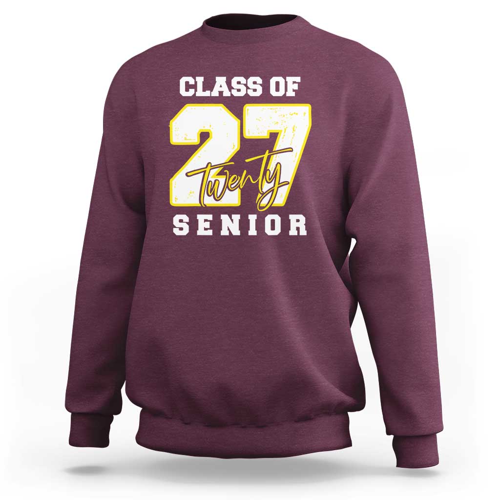 Maroon crewneck senior sweatshirt with yellow “Twenty” graphic and “SENIOR” lettering