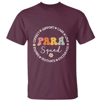 Maroon crewneck T-shirt with “PAR” and “Squad” graphic in colorful lettering