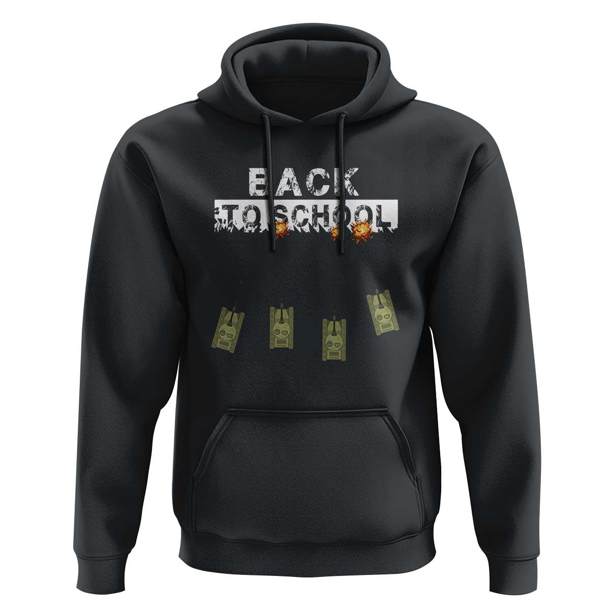 Black pullover hoodie with front 'Back to School' and 'Game Over' graphic