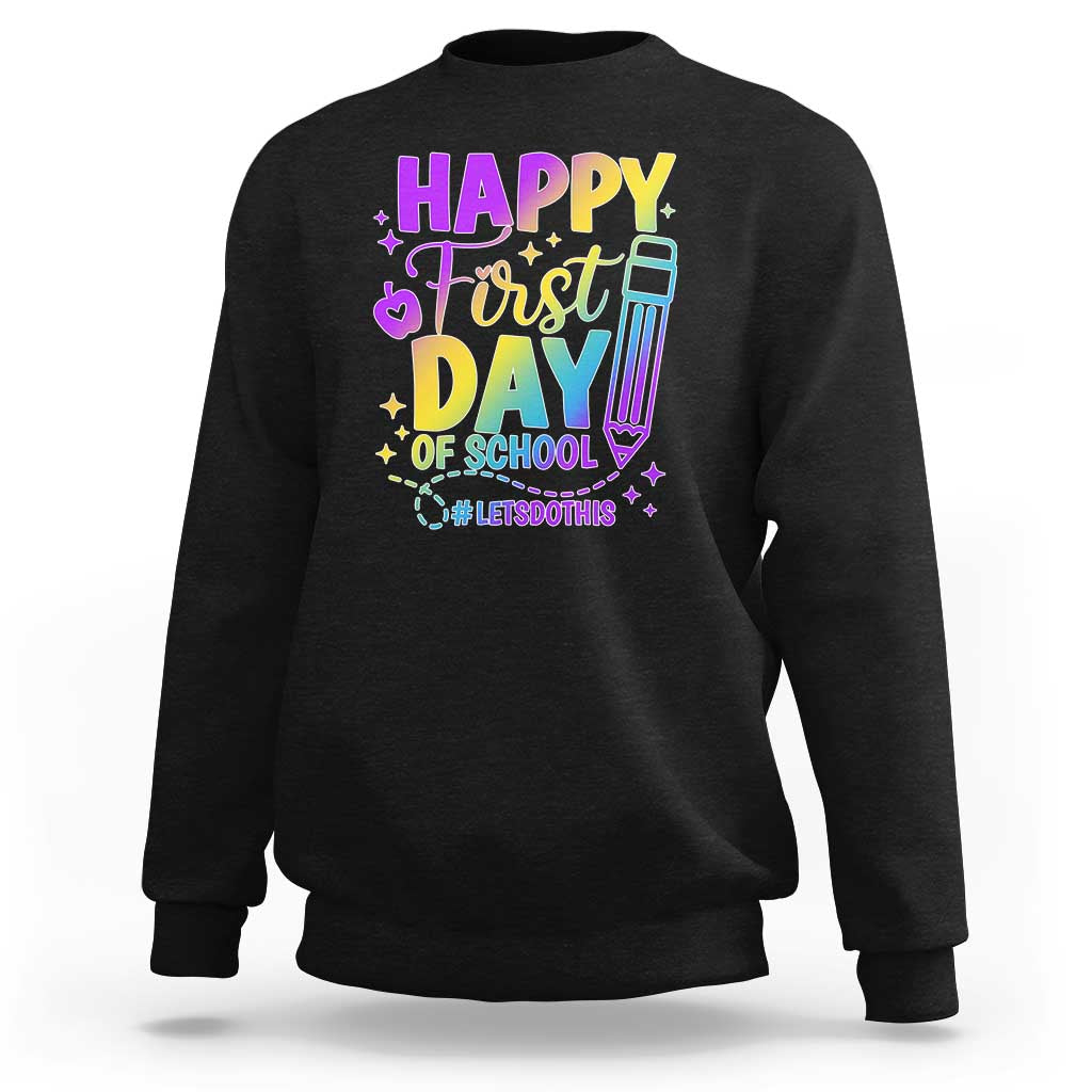 Black kids sweatshirt with colorful “Happy First Day of School” graphic on front