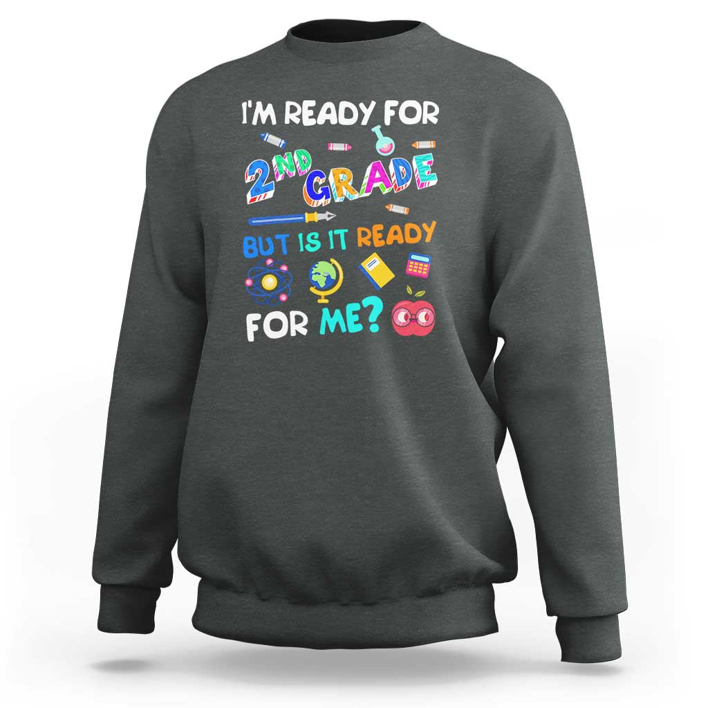Dark heather kids sweatshirt with colorful "I'm ready for 2nd grade" school graphic