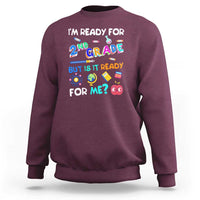 Maroon kids sweatshirt with colorful "I'm ready for 2nd grade" school graphic