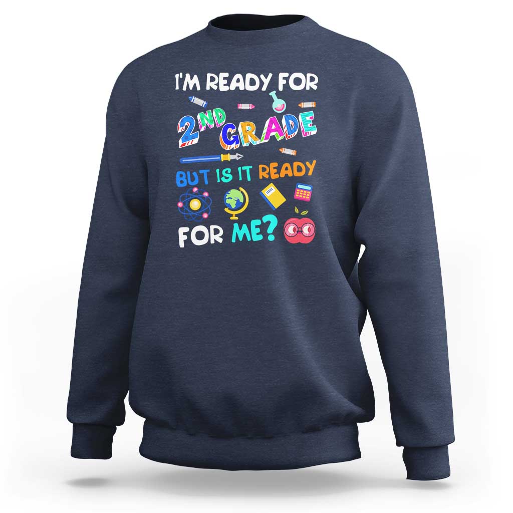 Navy kids sweatshirt with colorful "I'm ready for 2nd grade" school graphic