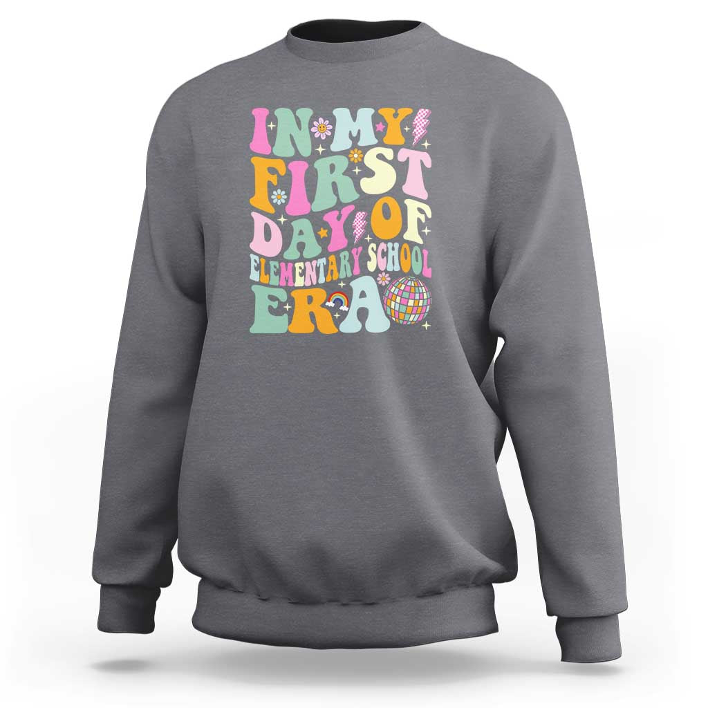 Kids graphic sweatshirt, light charcoal heather gray with colorful “First Day of Elementary”