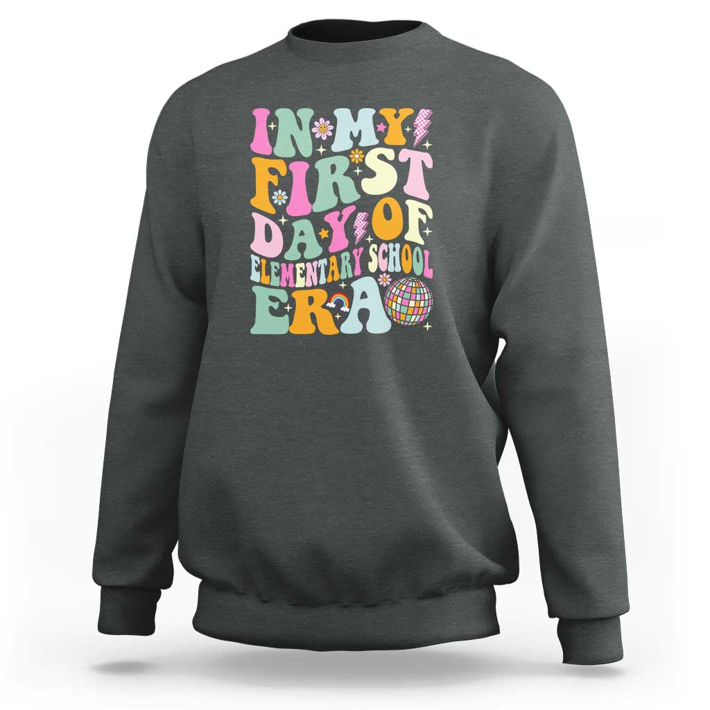 Kids graphic sweatshirt, dark heather gray with colorful “First Day of Elementary” design