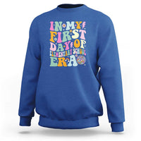 Kids graphic sweatshirt, royal blue with colorful “First Day of Elementary” design on chest