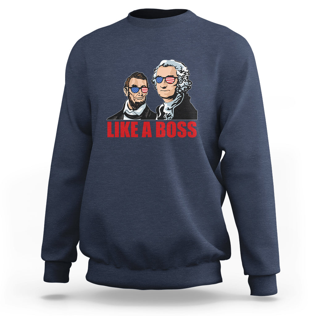 Navy sweatshirt with "LIKE A BOSS" graphic of two presidents