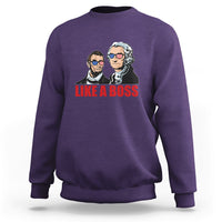 Purple sweatshirt with "LIKE A BOSS" graphic of two presidents