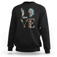 Native American sweatshirt in black with colorful feather tribal graphic on back