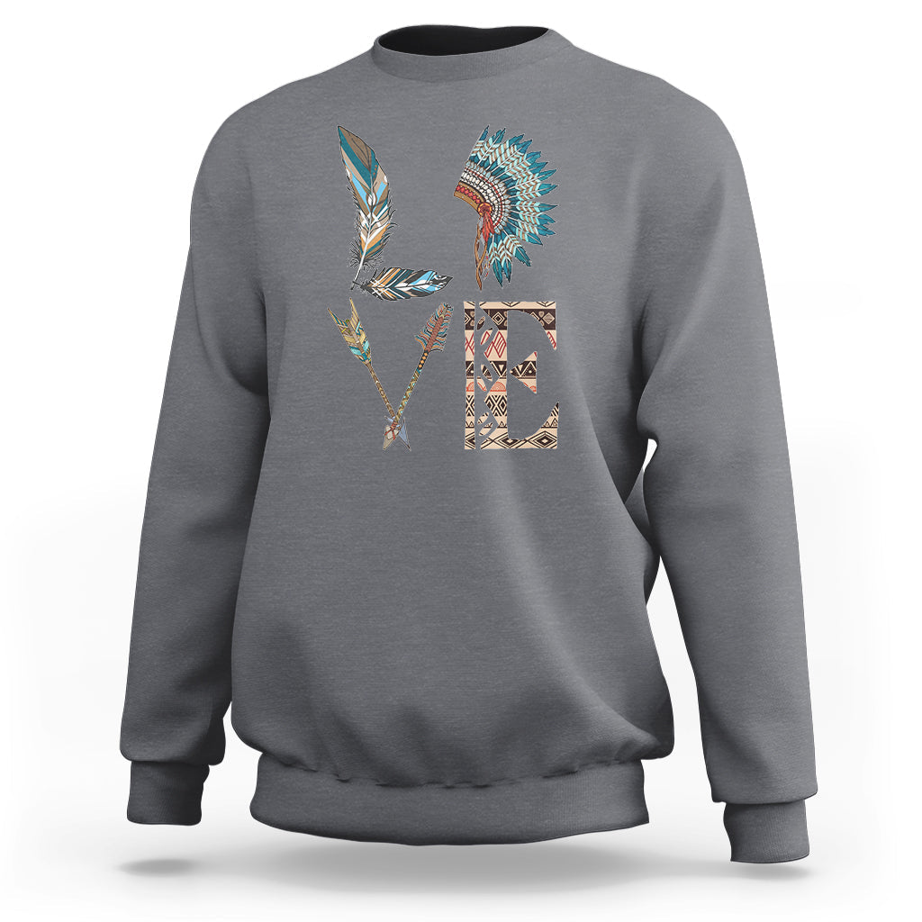 Native American sweatshirt in charcoal with colorful feather tribal graphic on back