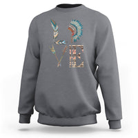 Native American sweatshirt in charcoal with colorful feather tribal graphic on back