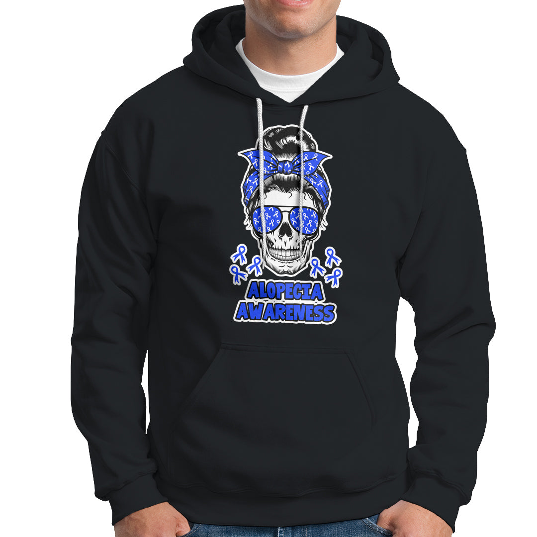 Alopecia Awareness Hoodie Messy Bun Skull Blue Ribbon for Womens - Wonder Print Shop