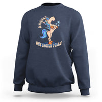 Navy unicorn graphic sweatshirt with slogan “Why Should I Care?”