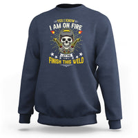 Navy crewneck sweatshirt with skull welding graphic and “Finish this weld” slogan
