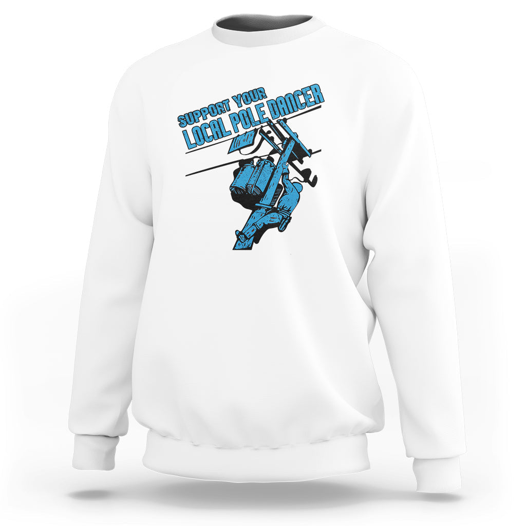 White crewneck sweatshirt with front pole dancer lineman graphic