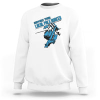 White crewneck sweatshirt with front pole dancer lineman graphic