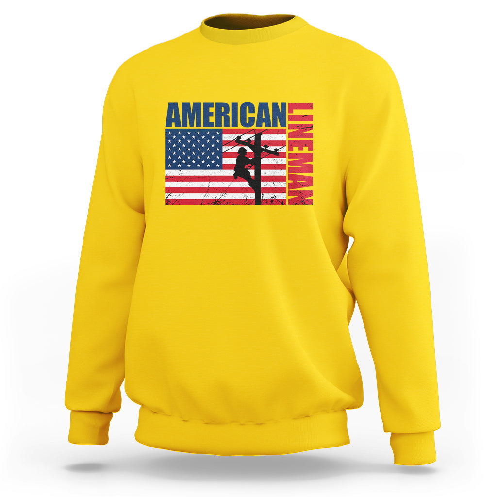 Daisy yellow crewneck sweatshirt with American flag lineman graphic on the front