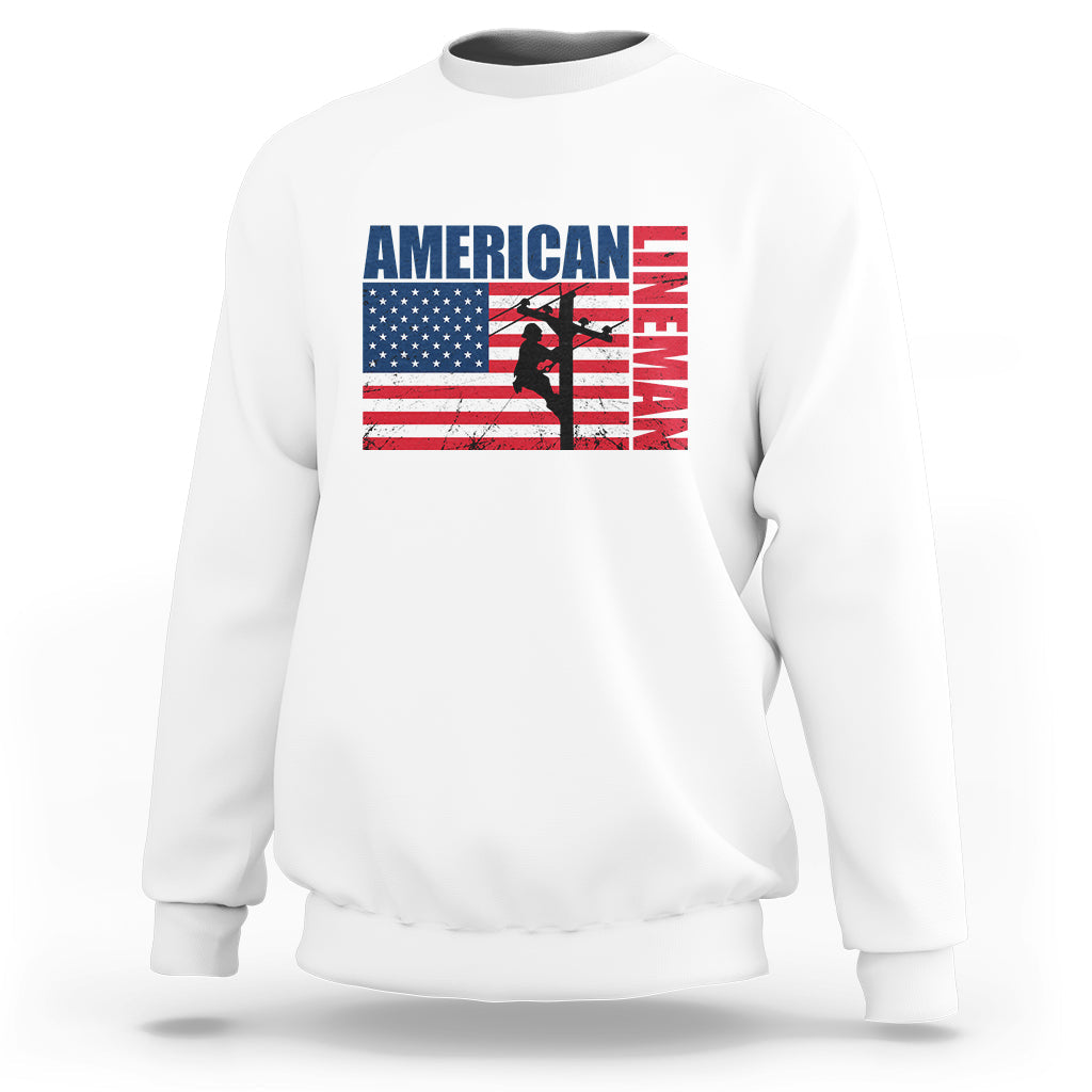 White crewneck sweatshirt with American flag lineman graphic on the front