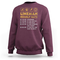 Maroon sweatshirt with “LINEMAN HOURLY RATE” front graphic and small icon symbols