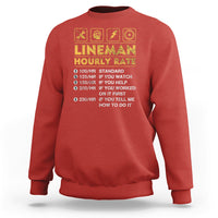 Red sweatshirt with “LINEMAN HOURLY RATE” front graphic and small icon symbols