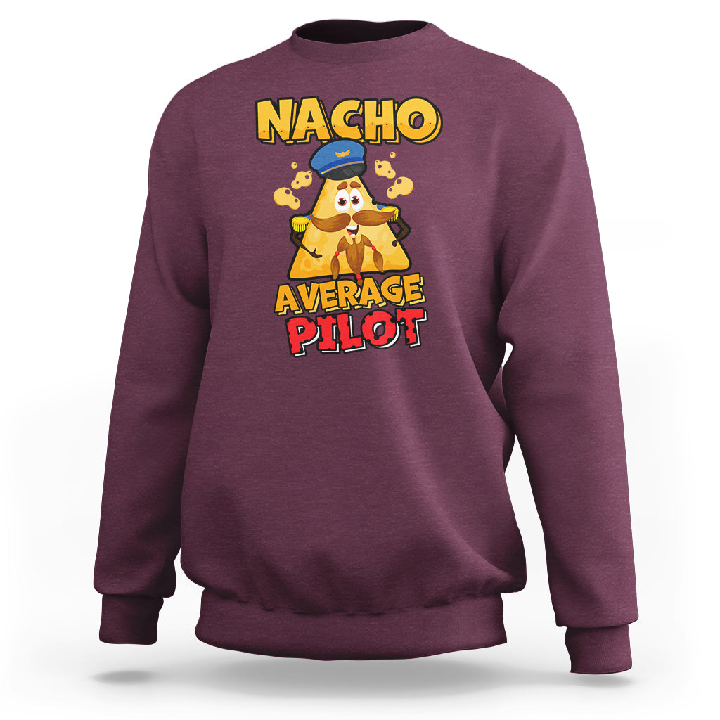 Maroon crewneck sweatshirt with colorful cartoon pilot graphic on chest