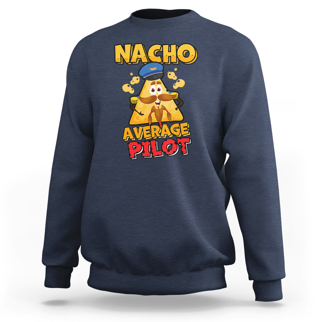 Navy crewneck sweatshirt with colorful cartoon pilot graphic on chest