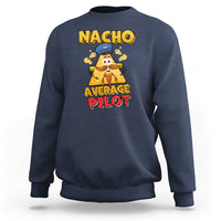 Navy crewneck sweatshirt with colorful cartoon pilot graphic on chest