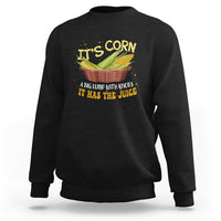 Black crewneck sweatshirt with corn basket graphic and 'It's Corn' front print.