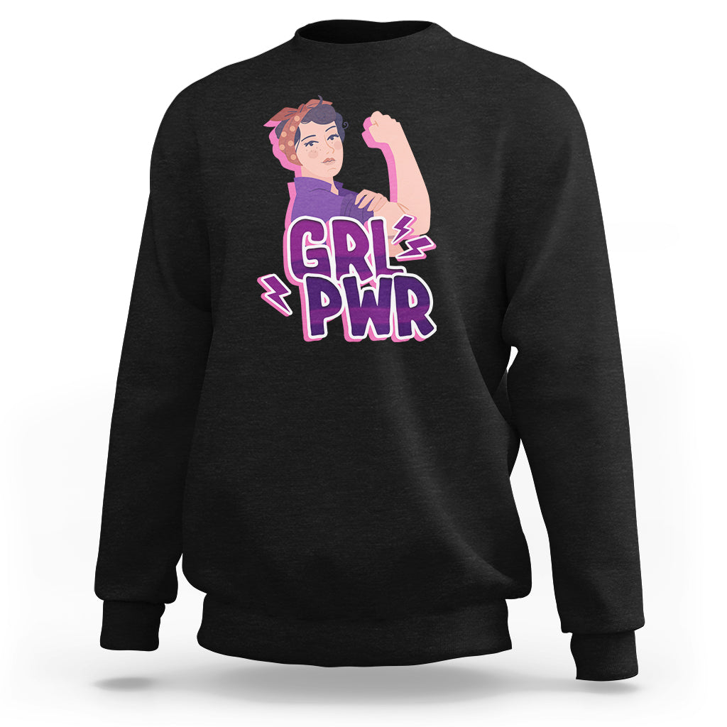 Black women's sweatshirt with 'GRL PWR' graphic and raised-fist illustration