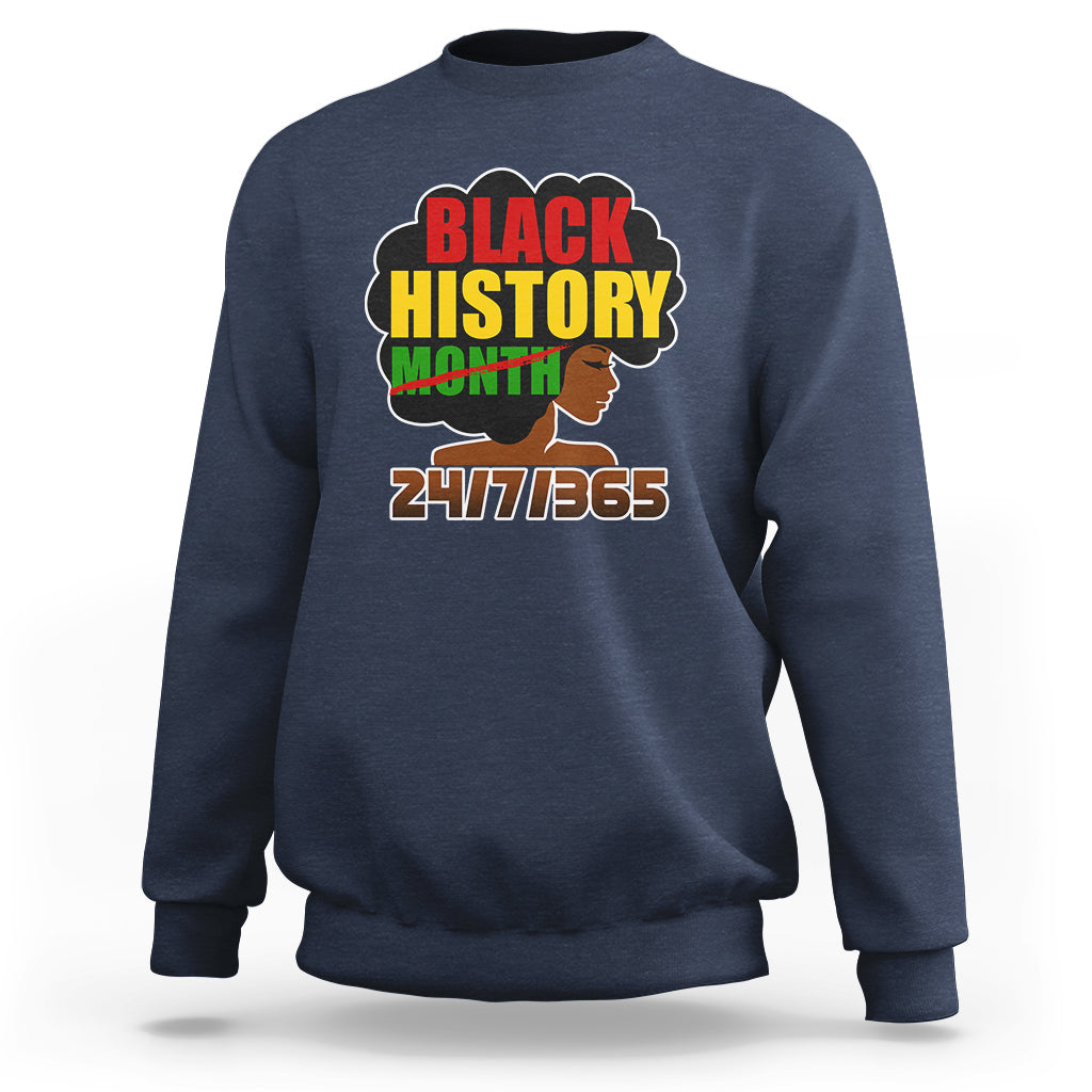 Navy crewneck sweatshirt with "BLACK HISTORY" graphic, woman profile, "2477/365"