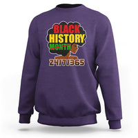 Purple crewneck sweatshirt with "BLACK HISTORY" graphic, woman profile, "2477/365"