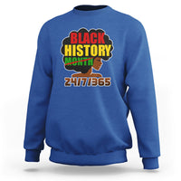 Royal blue crewneck sweatshirt with "BLACK HISTORY" graphic, woman profile, "2477/365"